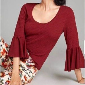 Anthropologie  Dark Red Smocked Bell-Sleeve Top Size M